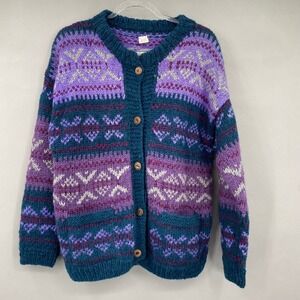Handmade Nepal Wool Cardigan‎ Sweater Women's Purple Blue Knit Button Up M-Large